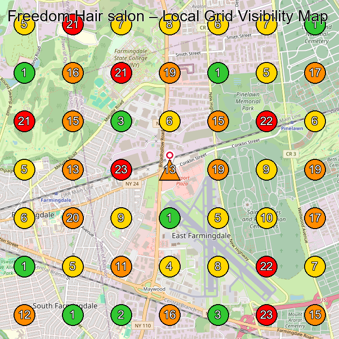 Freedom Hair salon Hair Salon GeoGrid ranking map for Farmingdale NY